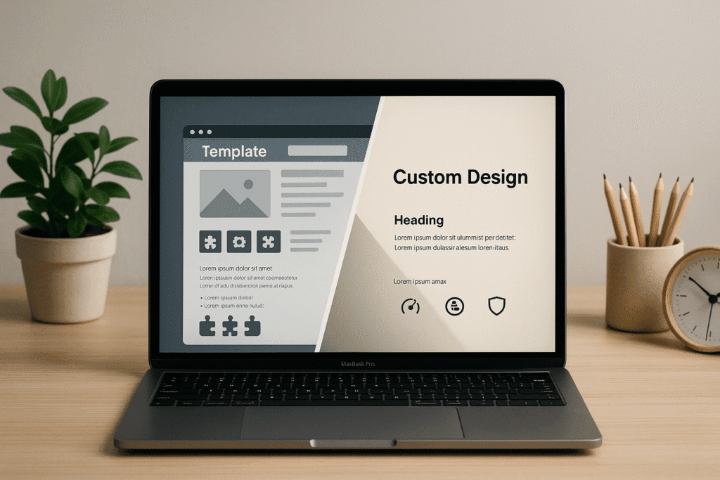 laptop en escritorio con pantalla dividida entre plantilla web genérica y diseño web personalizado, rodeada de objetos decorativos