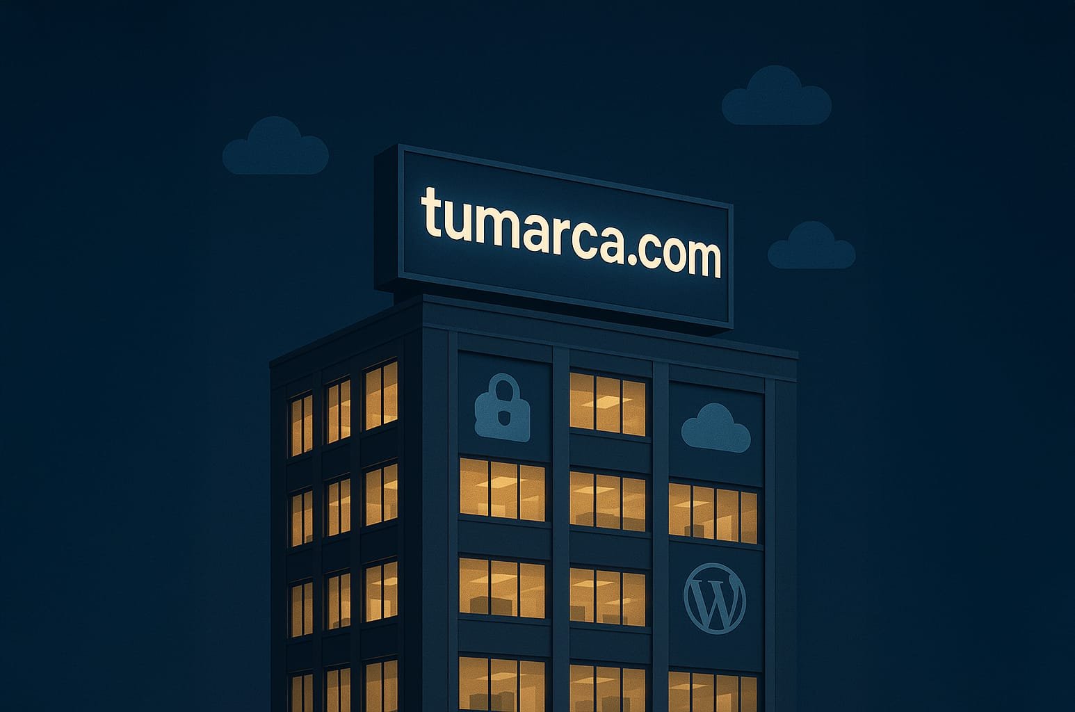 Ilustración de un edificio de oficinas con luces encendidas de noche, que muestra un gran letrero en la azotea con el dominio tumarca.com y símbolos de seguridad, nube y WordPress en la fachada.