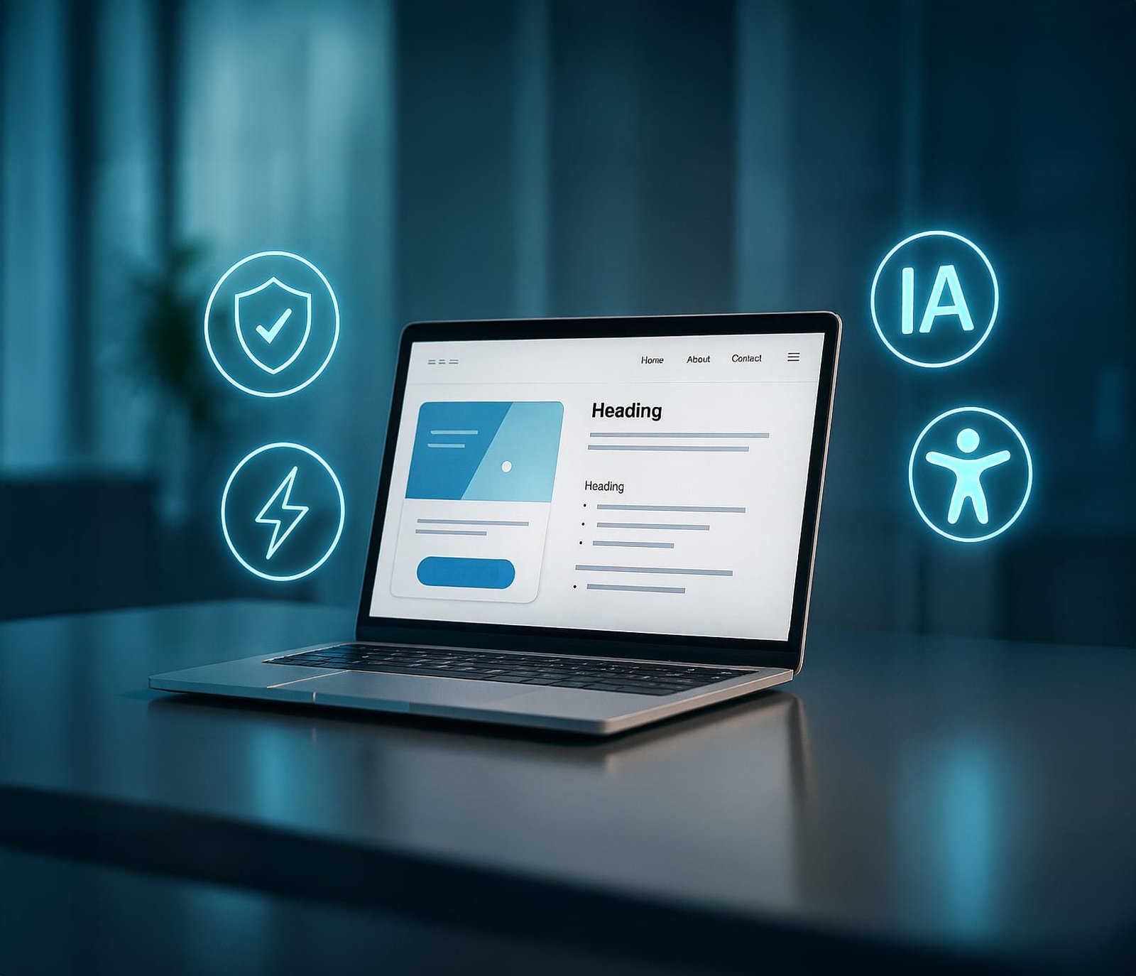 Laptop mostrando una página web con íconos flotantes que representan seguridad, velocidad, inteligencia artificial y accesibilidad.