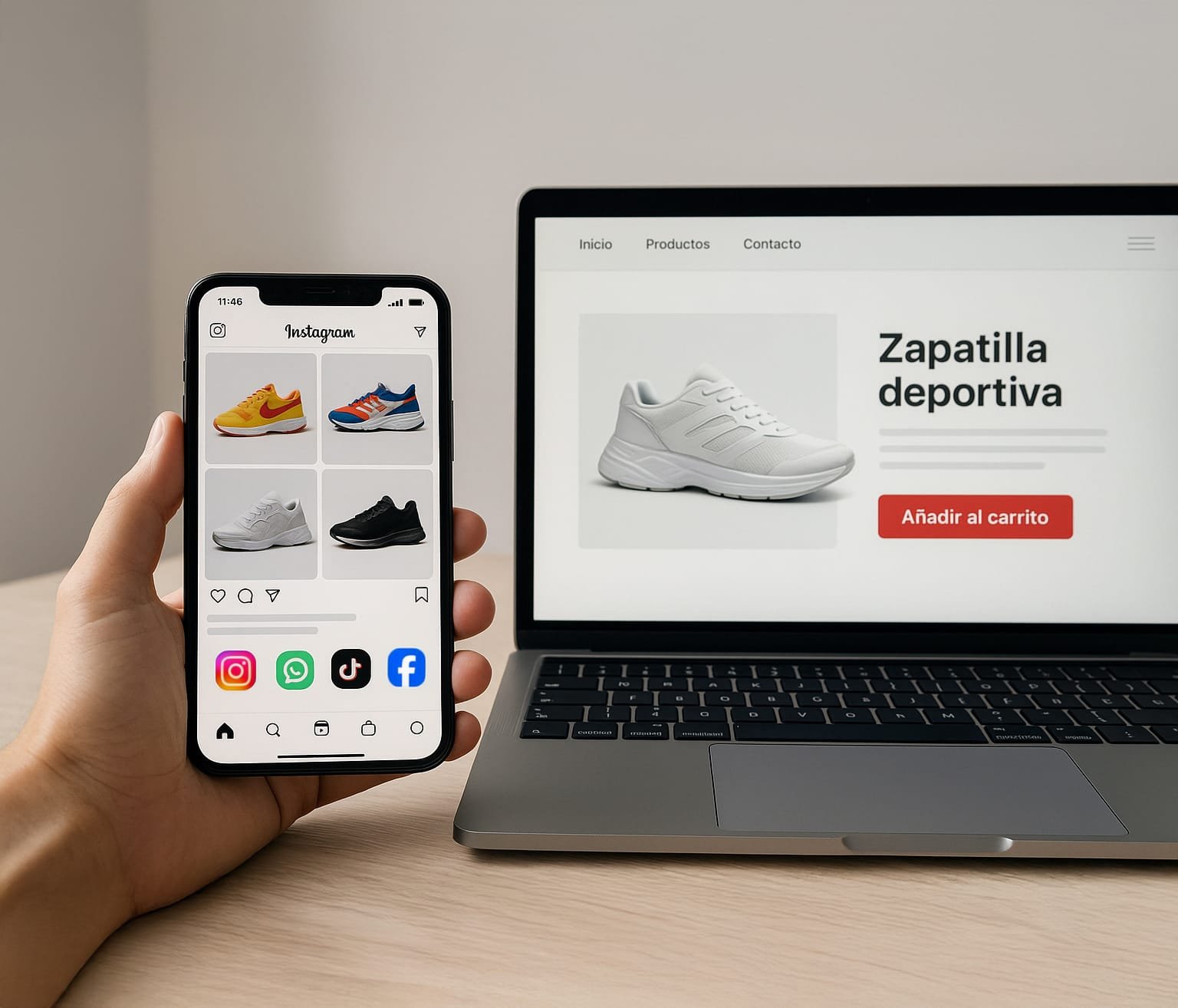 Smartphone con feed de tenis en Instagram y laptop con ecommerce de zapatillas deportivas.