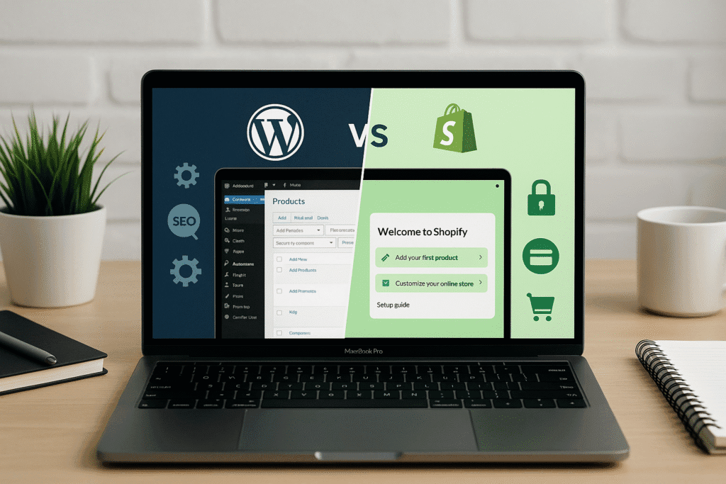 Laptop con pantalla dividida mostrando WordPress a la izquierda y Shopify a la derecha en un escritorio moderno.
