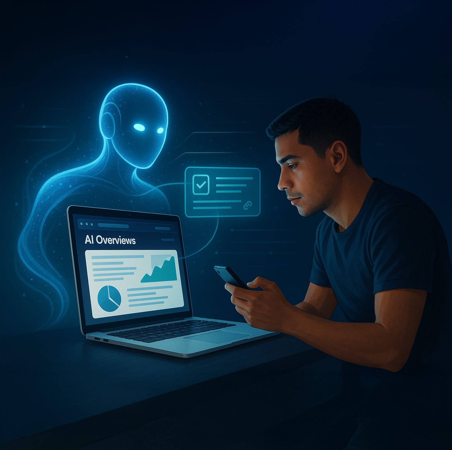 Joven latino usando laptop y celular con asistente de IA holográfico mostrando métricas web