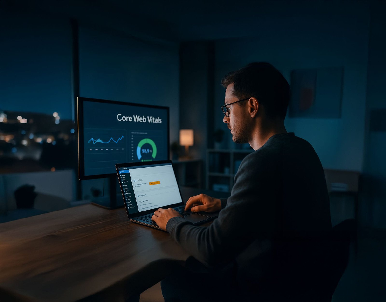 profesional revisando panel de WordPress con métricas de Core Web Vitals en oficina nocturna