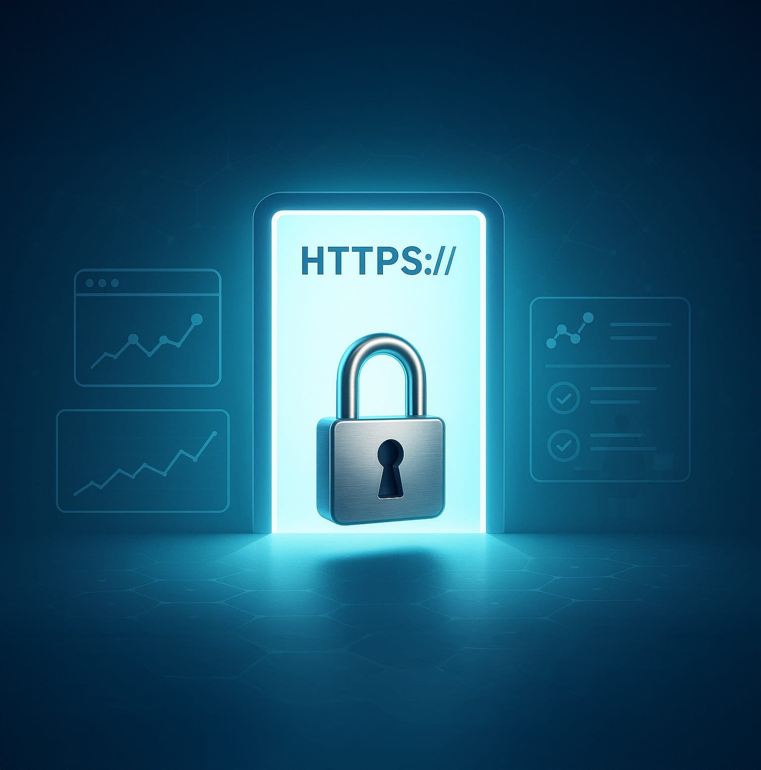 Candado metálico frente a una puerta digital luminosa con el texto HTTPS y gráficos de análisis a los lados.