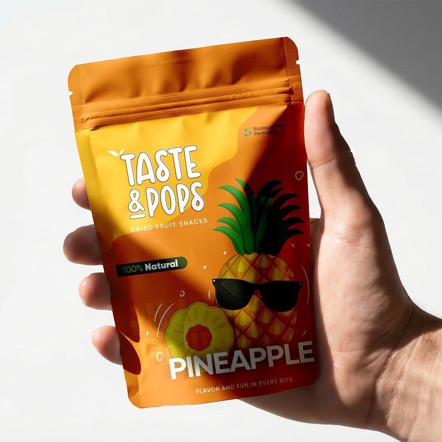 Aplicación de la identidad visual de Taste & Pops en empaque para snack de piña deshidratada